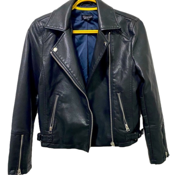 TOP Shop Ladies Black Faux-Leather Moto Jacket Size UK6 (XS/S) *EUC* - Picture 1 of 5